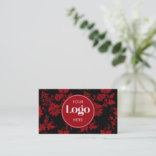 Carte De Visite Red & Black Damask Custom Logo QR Code Template (Debout devant)