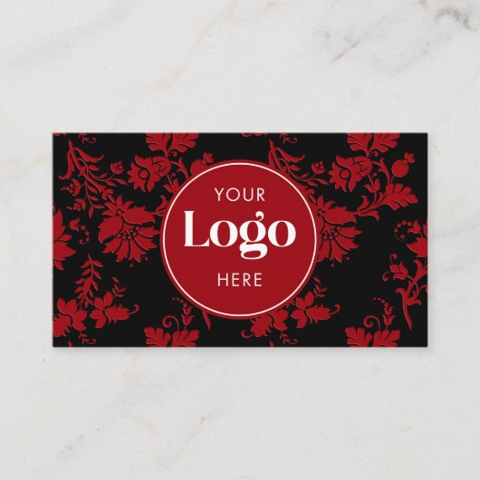 Carte De Visite Red & Black Damask Custom Logo QR Code Template (Devant)