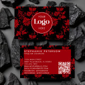 Carte De Visite Red & Black Damask Custom Logo QR Code Template