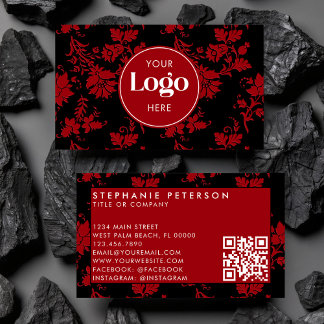 Carte De Visite Red & Black Damask Custom Logo QR Code Template