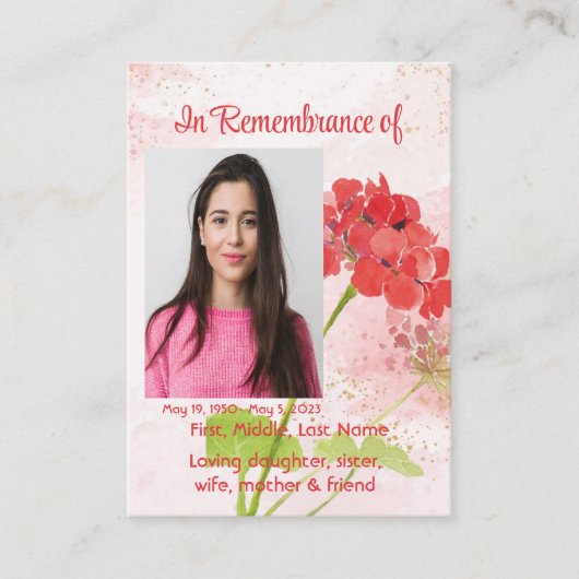 Carte De Visite Red Geranium Memorial Pocket Keepsake (Devant)