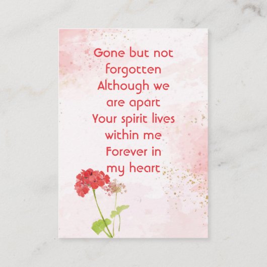 Carte De Visite Red Geranium Memorial Pocket Keepsake (Dos)