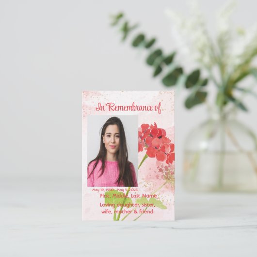 Carte De Visite Red Geranium Memorial Pocket Keepsake (Debout devant)
