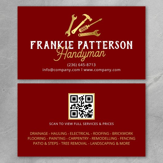 Carte De Visite Red Gold Handyman Repair & Maintenance QR Code