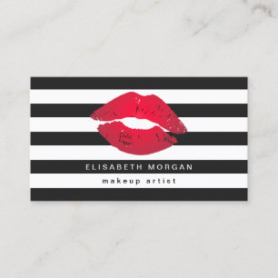 Carte De Visite Red Lips Black White Stripes Artiste de maquillage