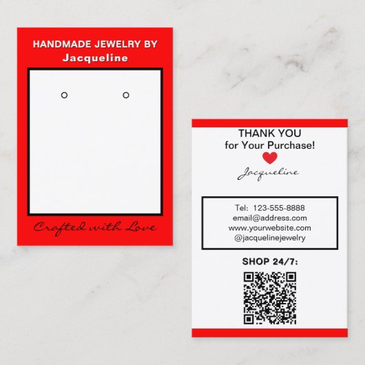 Carte De Visite Red White Jewelry Earrings Website QR Code (Devant / Derrière)