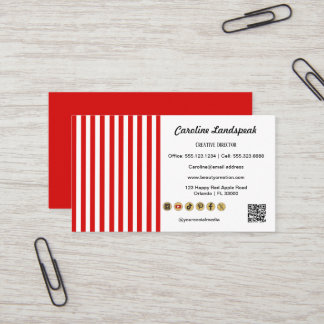 Carte De Visite Red White Stripes & QR Code & Social Media Icons
