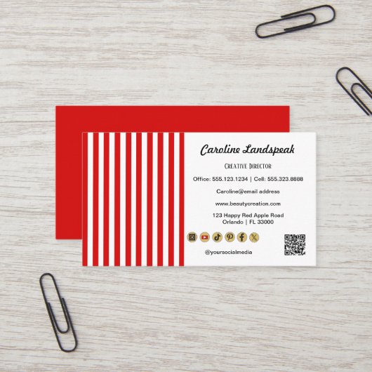 Carte De Visite Red White Stripes & QR Code & Social Media Icons (Devant/Arrière en situation)