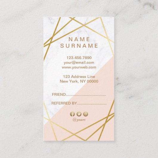 Carte De Visite Référence verticale rose-clair d'or de marbre (Dos)