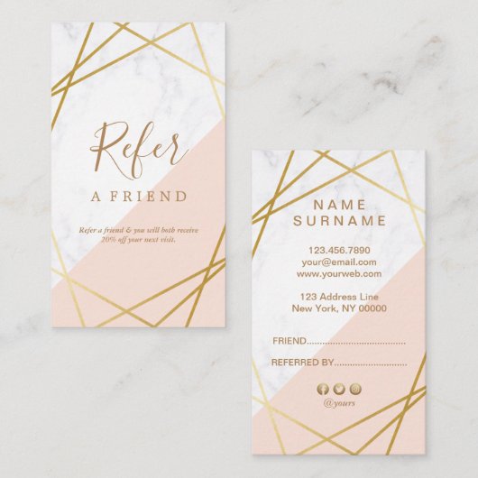 Carte De Visite Référence verticale rose-clair d'or de marbre (Devant / Derrière)