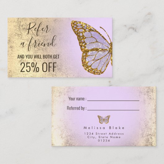 Carte De Visite référez un ami lavender papterfly logo (Devant / Derrière)