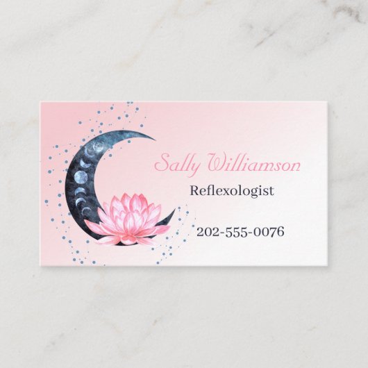 Carte De Visite Réflexologie Lune à fleurs rose Lotus (Devant)