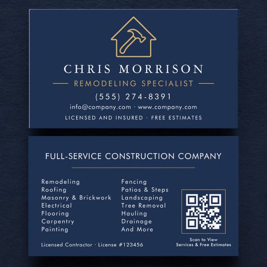 Carte De Visite Remodeling Specialist QR Code Navy Blue Gold