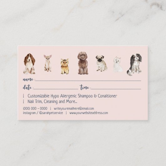 Carte De Visite Rendez-vous à Grooming pour chien Rose Marine (Dos)
