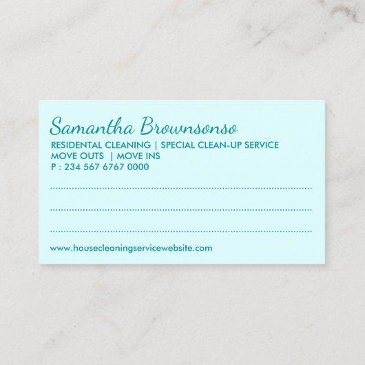 Carte De Visite Rendez-vous turquoise pour le nettoyage des dame J (Dos)