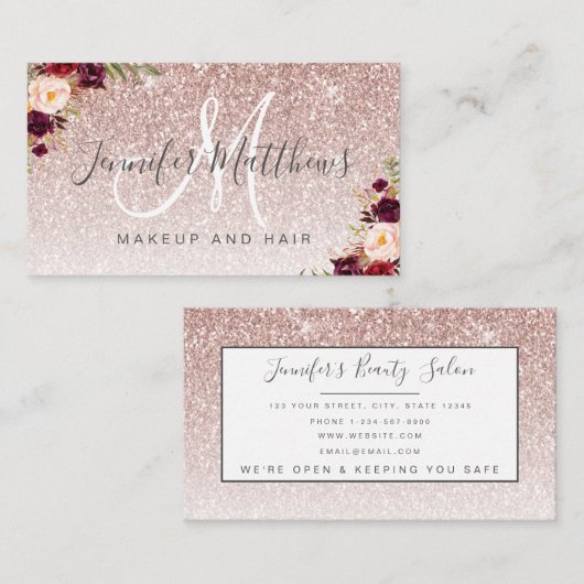 Carte De Visite Réouverture des cheveux de maquillage en or Rose (Devant / Derrière)