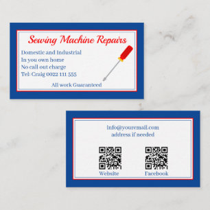 Carte De Visite Réparations de machine à coudre QR Code bleu