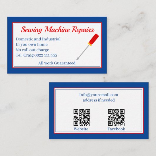 Carte De Visite Réparations de machine à coudre QR Code bleu (Devant / Derrière)