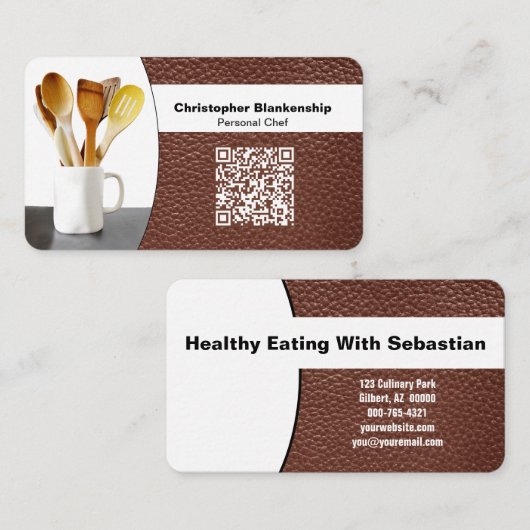 Carte De Visite Replaceable Chef Spoons Photo on Leather QR Code (Devant / Derrière)