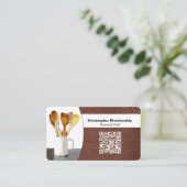 Carte De Visite Replaceable Chef Spoons Photo on Leather QR Code (Debout devant)
