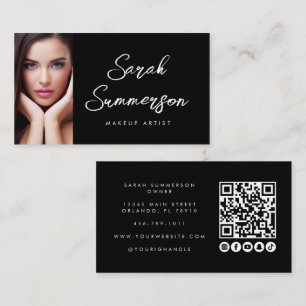 Carte De Visite Réseau social QR Photo Maquillage Noir Blanc