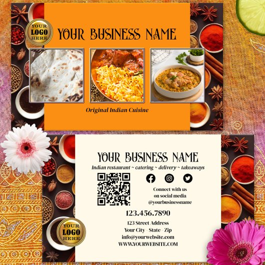 Carte De Visite Restaurant indien QR Code Photo Médias sociaux