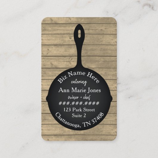 Carte De Visite Restaurant Rustic Wood, Iron Skillet Traiteur (Devant)