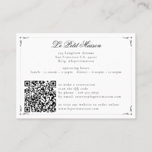 Carte De Visite Restaurant Simple White Script Classic Réservation (Dos)
