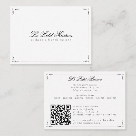 Carte De Visite Restaurant Simple White Script Classic Réservation (Devant / Derrière)