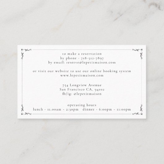 Carte De Visite Restaurant Simple White Script Classic Réservation (Dos)