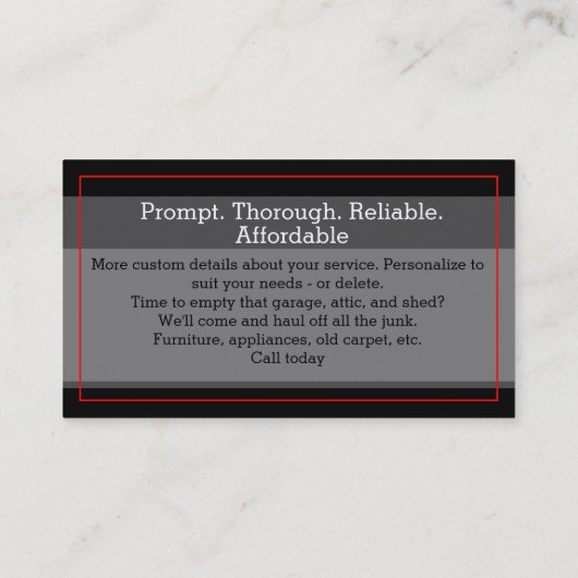 Carte De Visite Retrait de junk.Hauling.J'ai du junk.Texte personn (Dos)