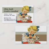 Carte De Visite Rétro Anniversaire Fille Cake Cat Enfants Artwork (Devant / Derrière)