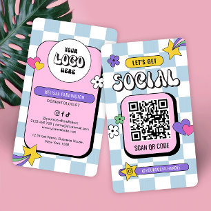 Carte De Visite Retro Bleu Super Logo Médias sociaux Code QR