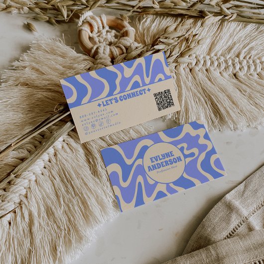 Carte De Visite Retro Blue Cream 70s Boho Groovy Trendy QR Code