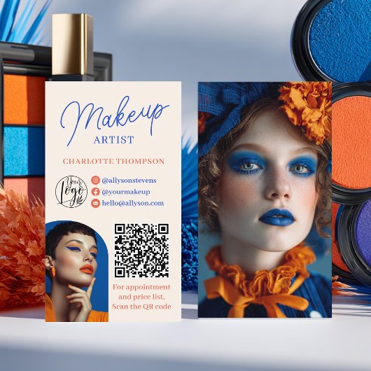 Carte De Visite Retro Blue Orange Makeup Artist 2 Photos Qr Code
