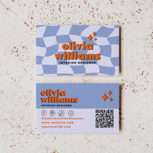 Carte De Visite Retro Blue Orange QR Code Groovy Checkered Unique