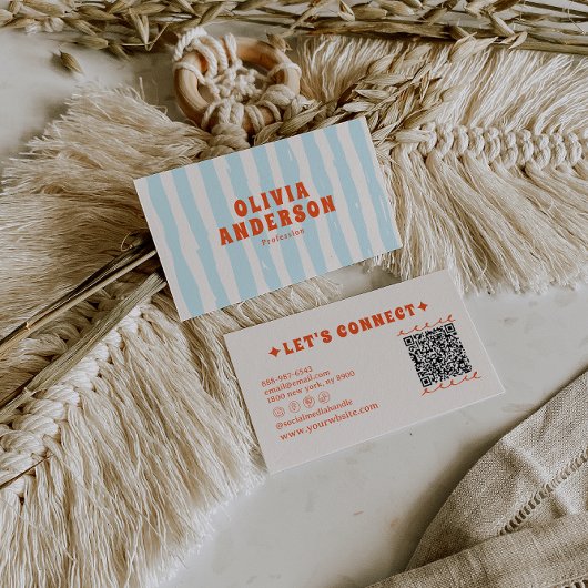 Carte De Visite Retro Bold Blue Super Funky Trendy Fun QR Code