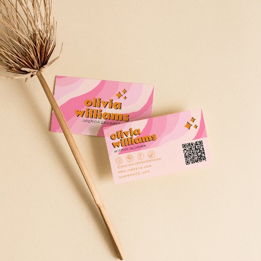 Carte De Visite Retro Bold Pink Orange QR Code Groovy Girly Unique
