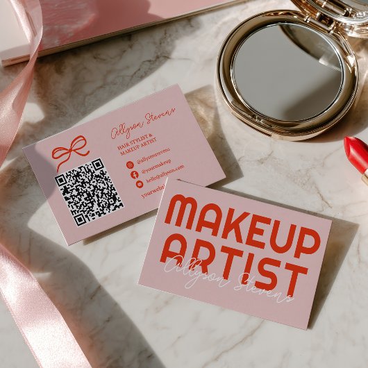 Carte De Visite Retro Bold Pink Red Makeup Artist QR Code