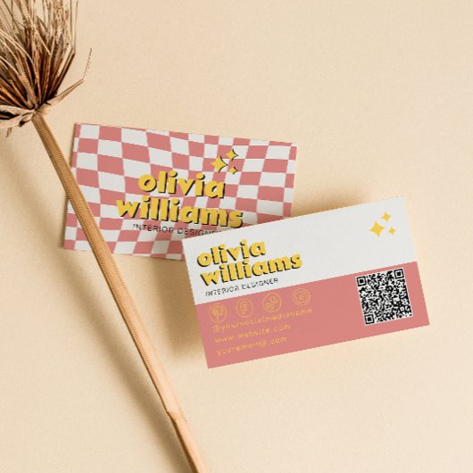 Carte De Visite Retro Bold QR Code 70s Groovy Checkered Trendy
