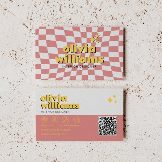 Carte De Visite Retro Bold QR Code 70s Groovy Checkered Trendy