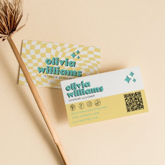 Carte De Visite Retro Bold QR  Code Boho Groovy Checkered Unique