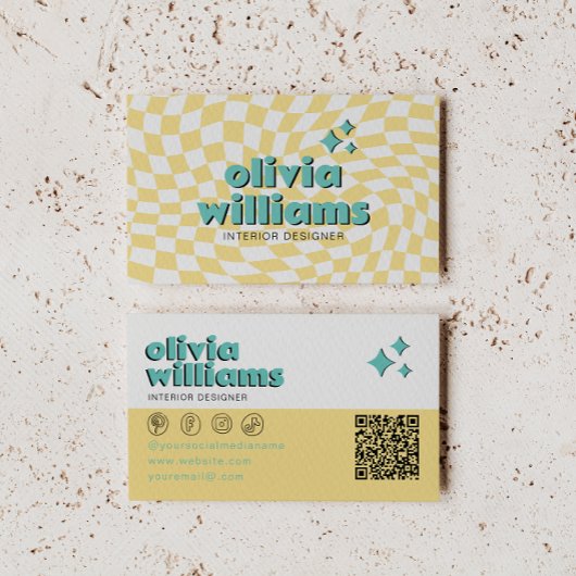 Carte De Visite Retro Bold QR  Code Boho Groovy Checkered Unique
