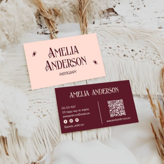 Carte De Visite Retro Elegant Blush & Burgundy Qr Code