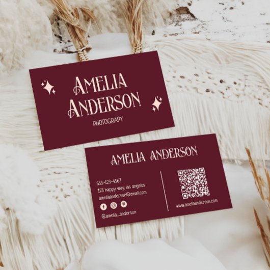 Carte De Visite Retro Elegant Blush & Burgundy Qr Code