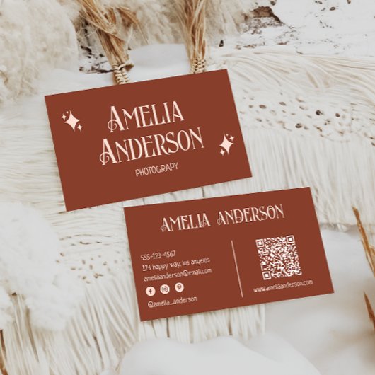 Carte De Visite Retro Elegant Blush & Terracota Qr Code
