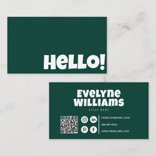Carte De Visite Retro Emerald Green QR Code Hello Modern Boho (Devant / Derrière)