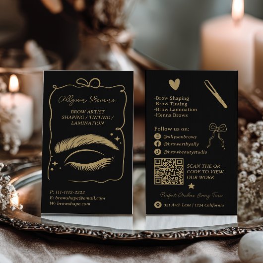 Carte De Visite Retro gold black Doodles Brow Artist QR Code