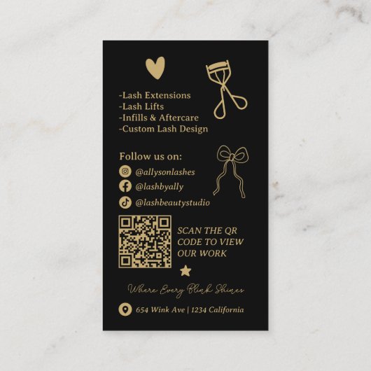 Carte De Visite Retro gold black Doodles Lash Tech QR Code (Dos)
