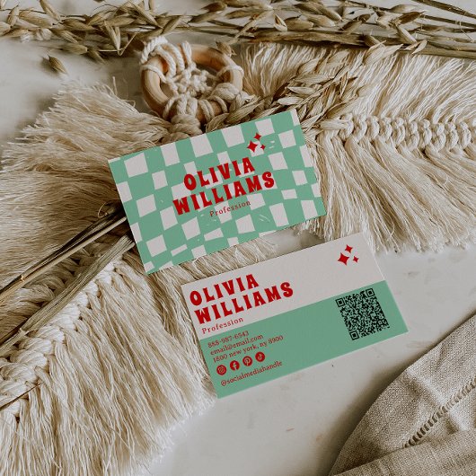 Carte De Visite Retro Green Bold Super À damiers Funky QR Code